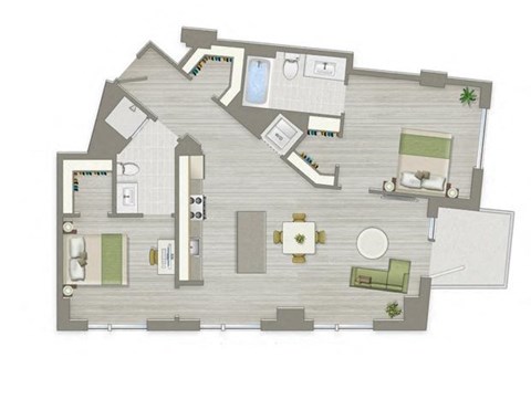 Floor plan for 2 beds, 2 baths, 999 sqft